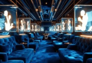 luxurious car interior with deep blue velvet seats and brass accents