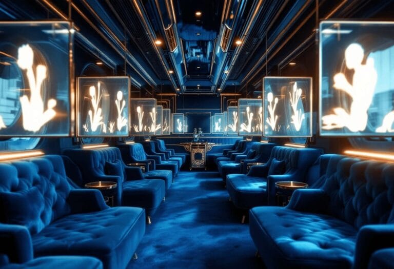 luxurious car interior with deep blue velvet seats and brass accents