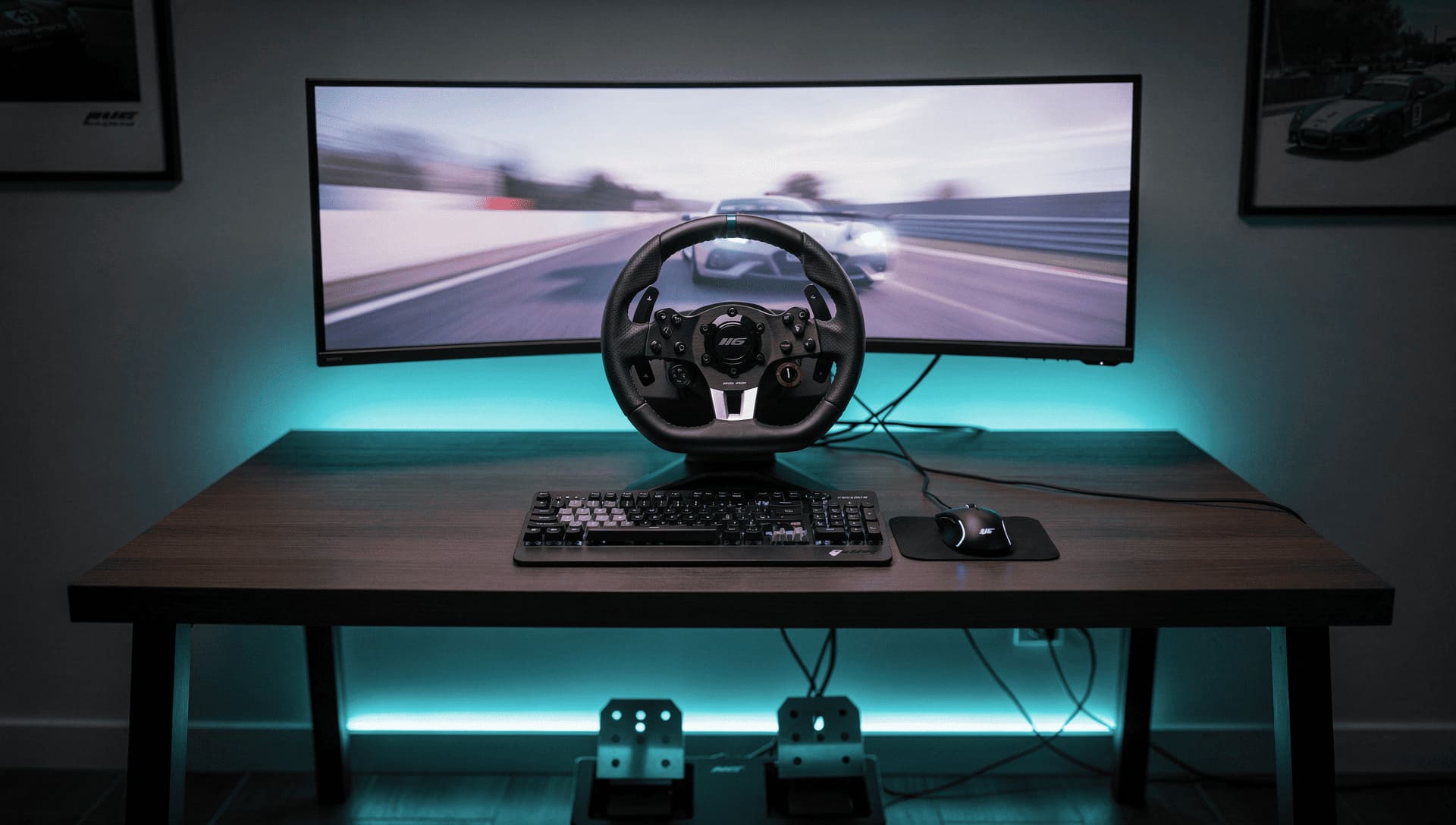 racing wheel pedals gaming setup desk