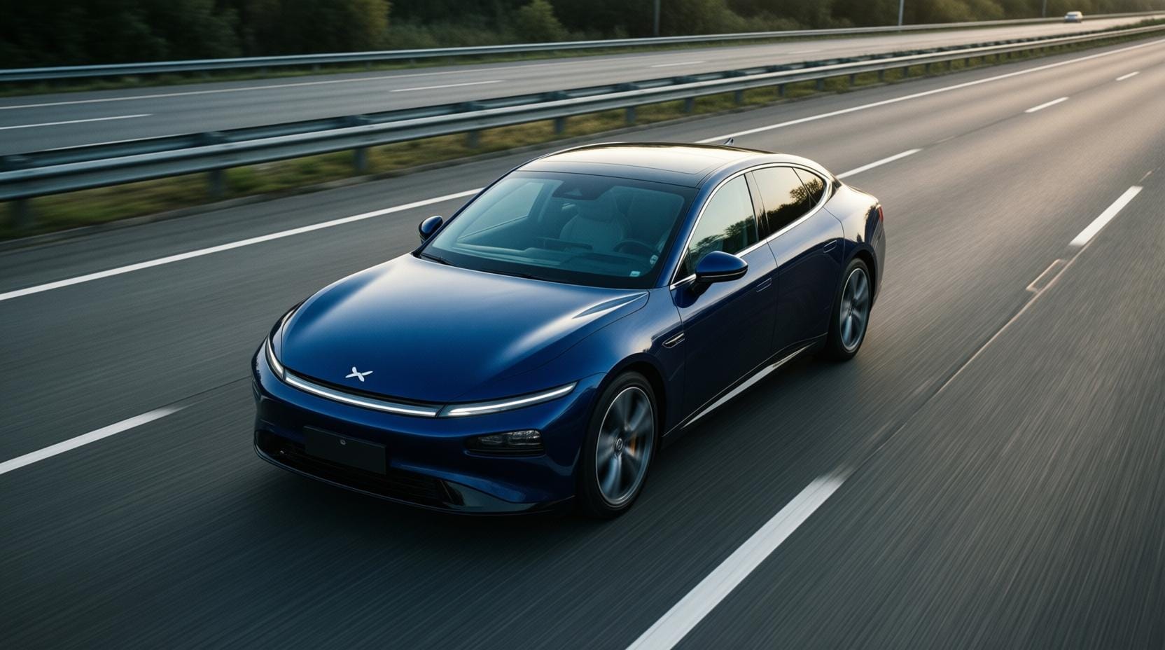 sleek modern electric vehicle driving through snowy winter landscape at sunset