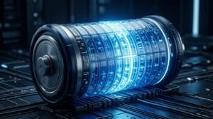 high-tech battery energy density visualization with glowing cells