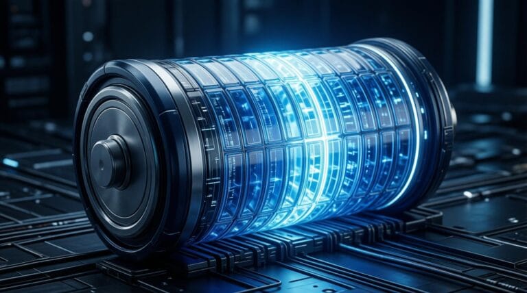 high-tech battery energy density visualization with glowing cells