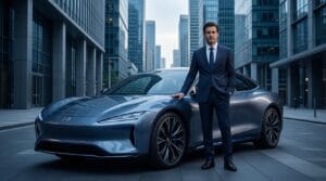 corporate executive with luxury electric car, modern city background