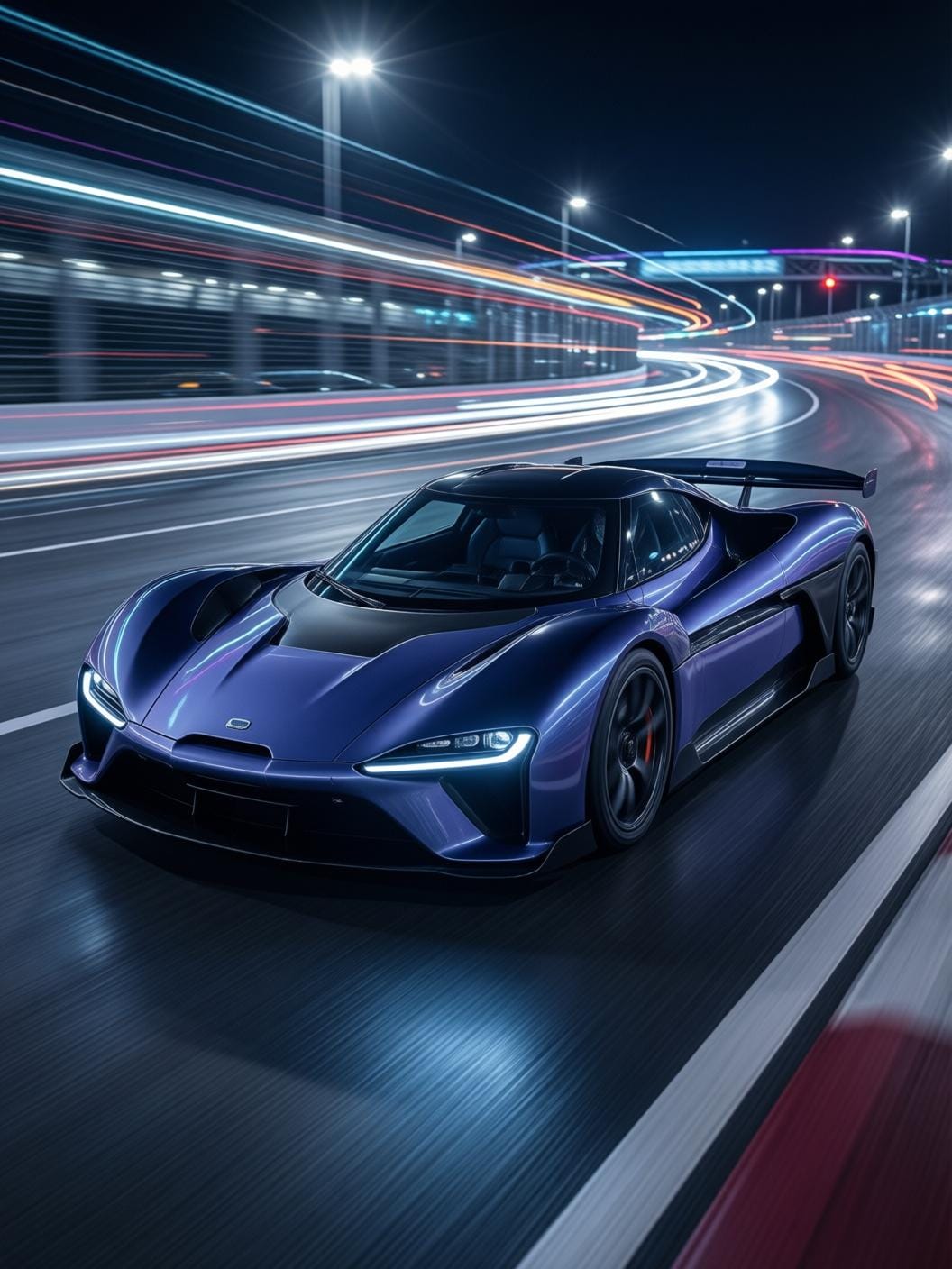 electric supercar racing on track with dramatic light trails, high speed motion blur, futuristic