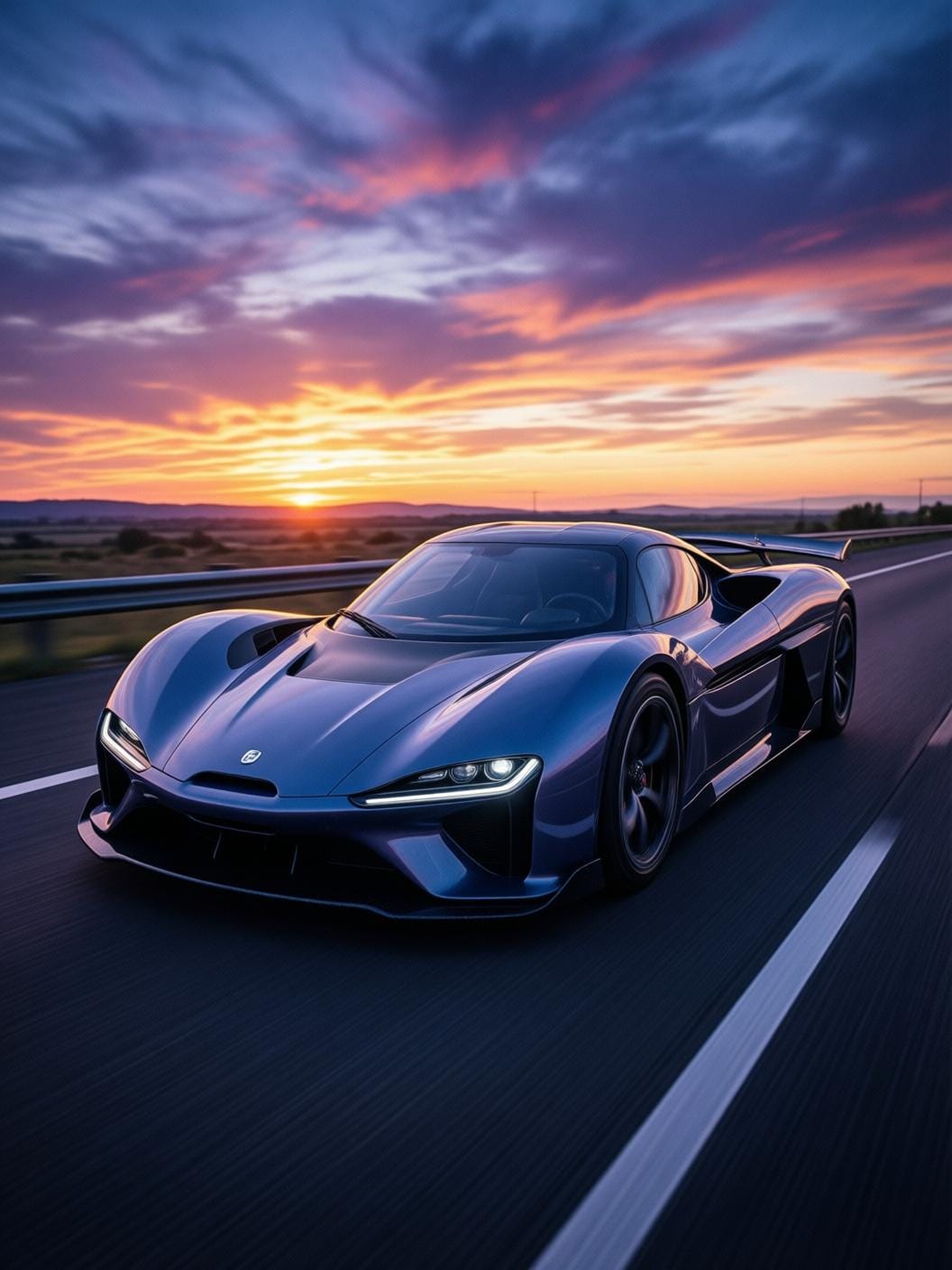 futuristic electric supercar on open highway at sunset, dramatic sky, speed and power