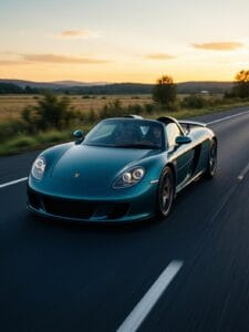 teal Porsche Carrera GT supercar on open road at golden hour