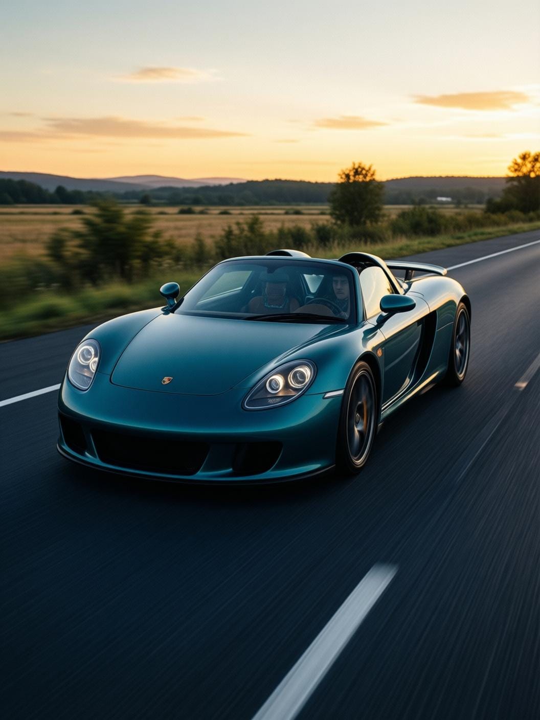 teal Porsche Carrera GT supercar on open road at golden hour