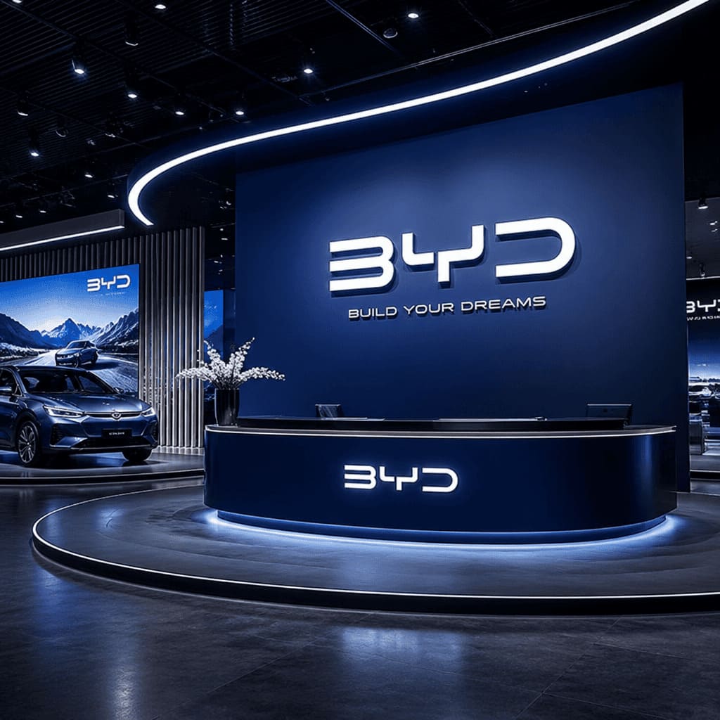 BYD electric car logo showroom display