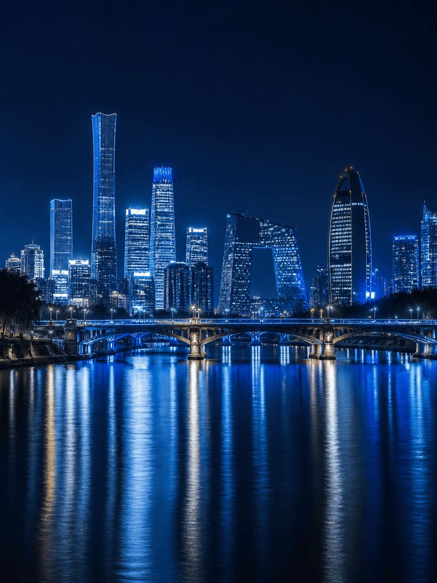 Beijing skyline at night with futuristic lights and modern architecture reflecting on water