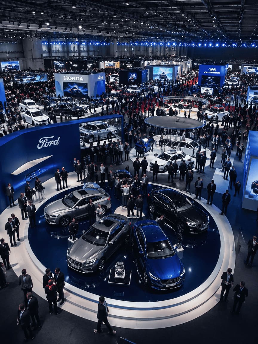 aerial view of enormous exhibition center filled with cars crowds and colorful displays