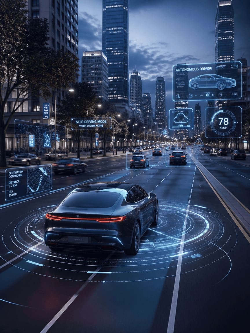 futuristic autonomous self-driving car with digital interface and AI visualization