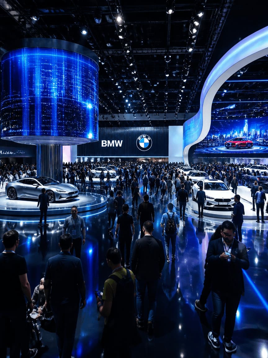 massive modern auto show exhibition hall with glowing car displays and crowds
