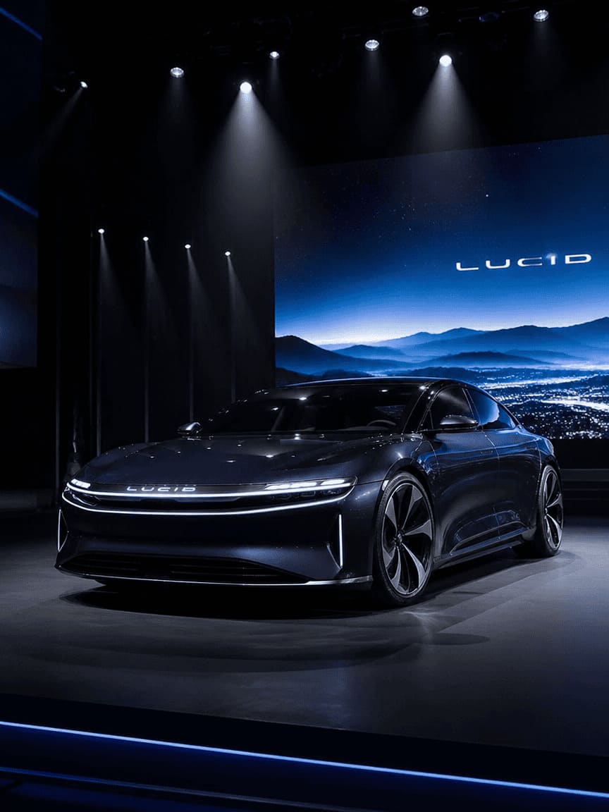 sleek futuristic electric car with glowing blue accents on dark dramatic stage
