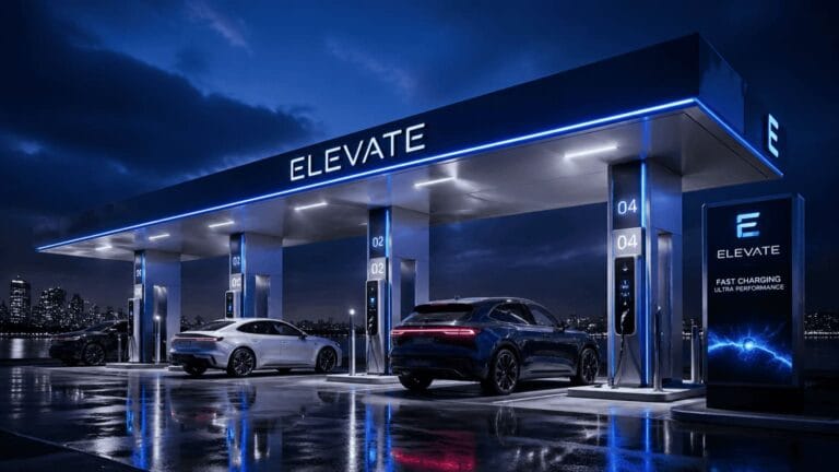sleek modern electric car charging station with glowing blue energy effects