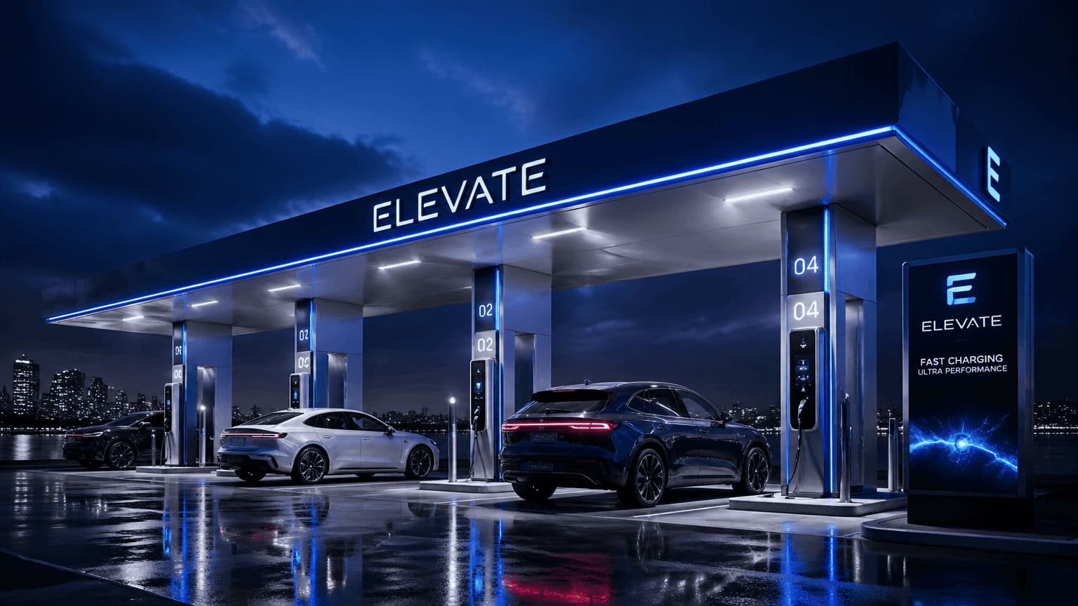 sleek modern electric car charging station with glowing blue energy effects